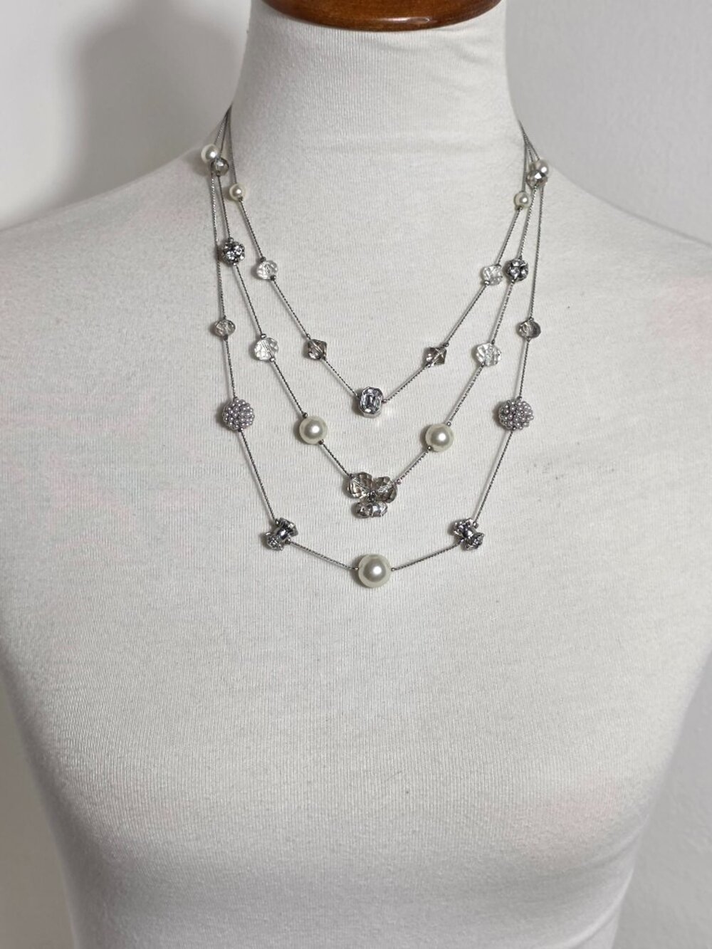 White House Black Market 3-Strand Necklace Silver-Tone Faux Pearls & Rhinestones